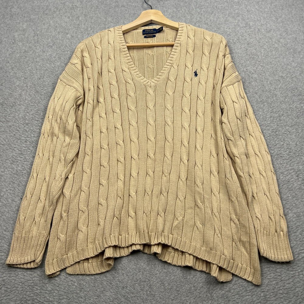 Polo Ralph Lauren Sweater Womens Large Beige Cable Knit V-Neck Pima Cotton Pony